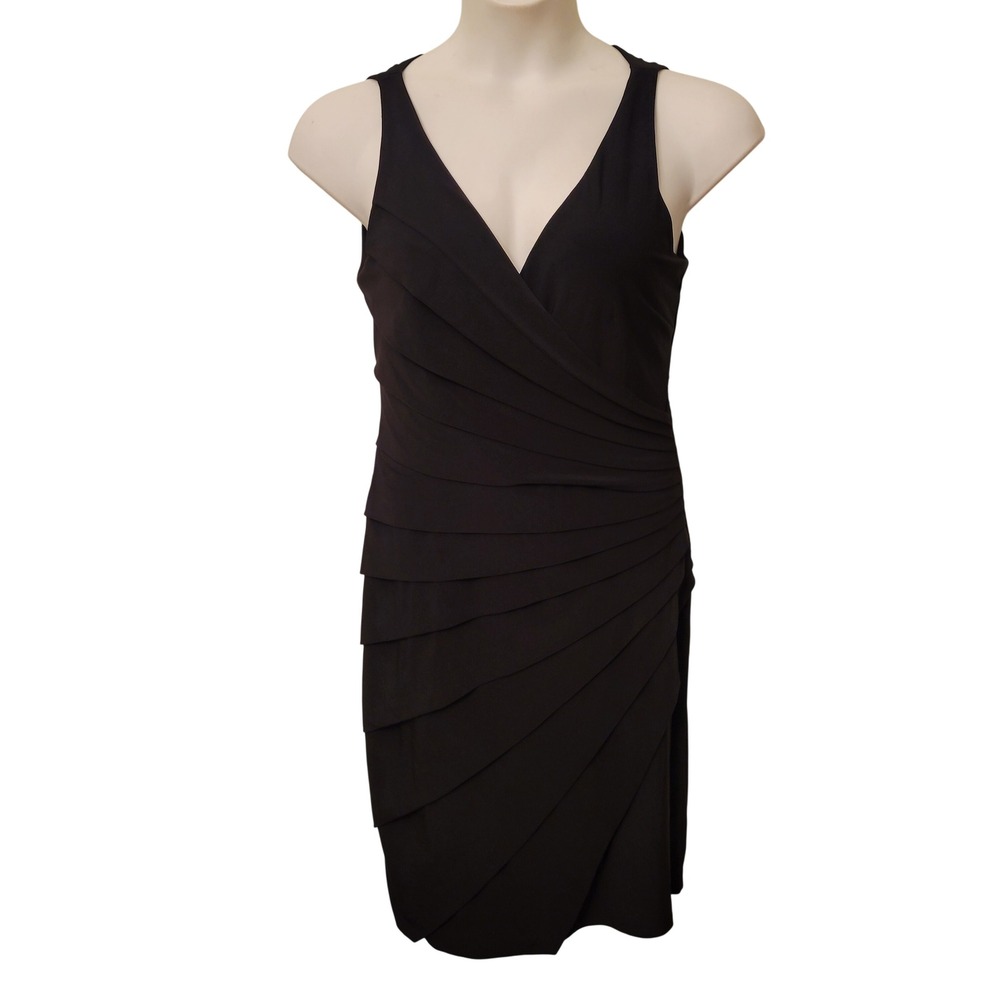 Ralph Lauren Black Ruched V Neck‎ Sheath Cocktail Dress 10 LBD Party Coquette
